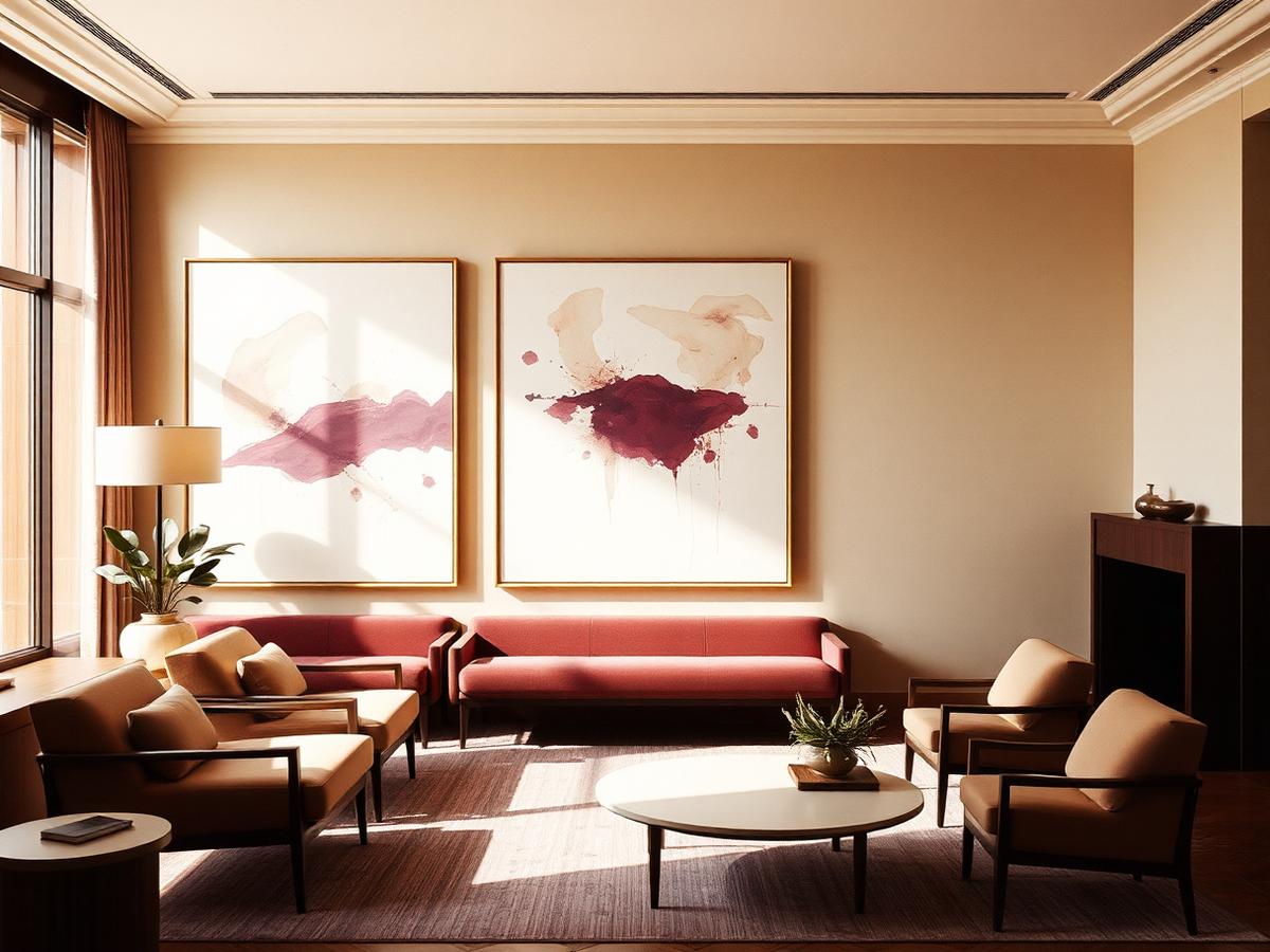 Diptych of abstract paintings in a hotel lounge