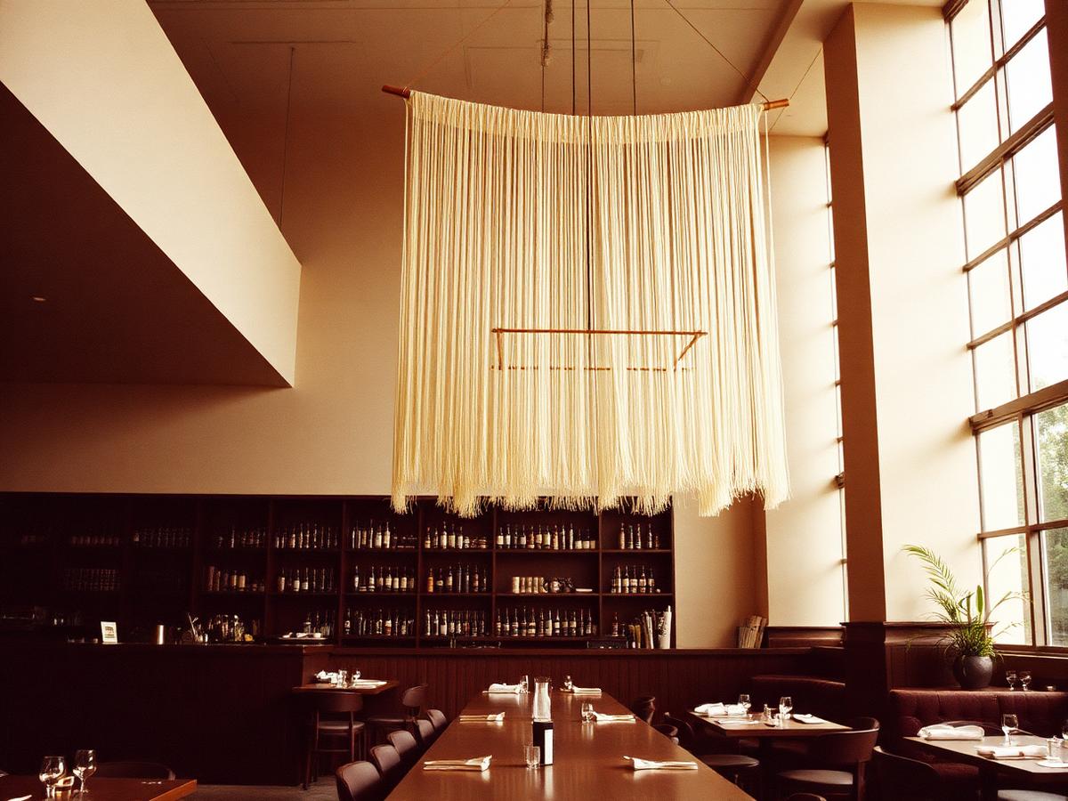 Suspended textile sculpture above a restaurant bar
