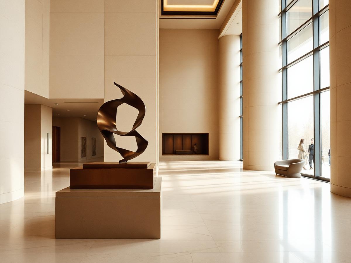Bronze sculpture on a plinth in a hotel lobby