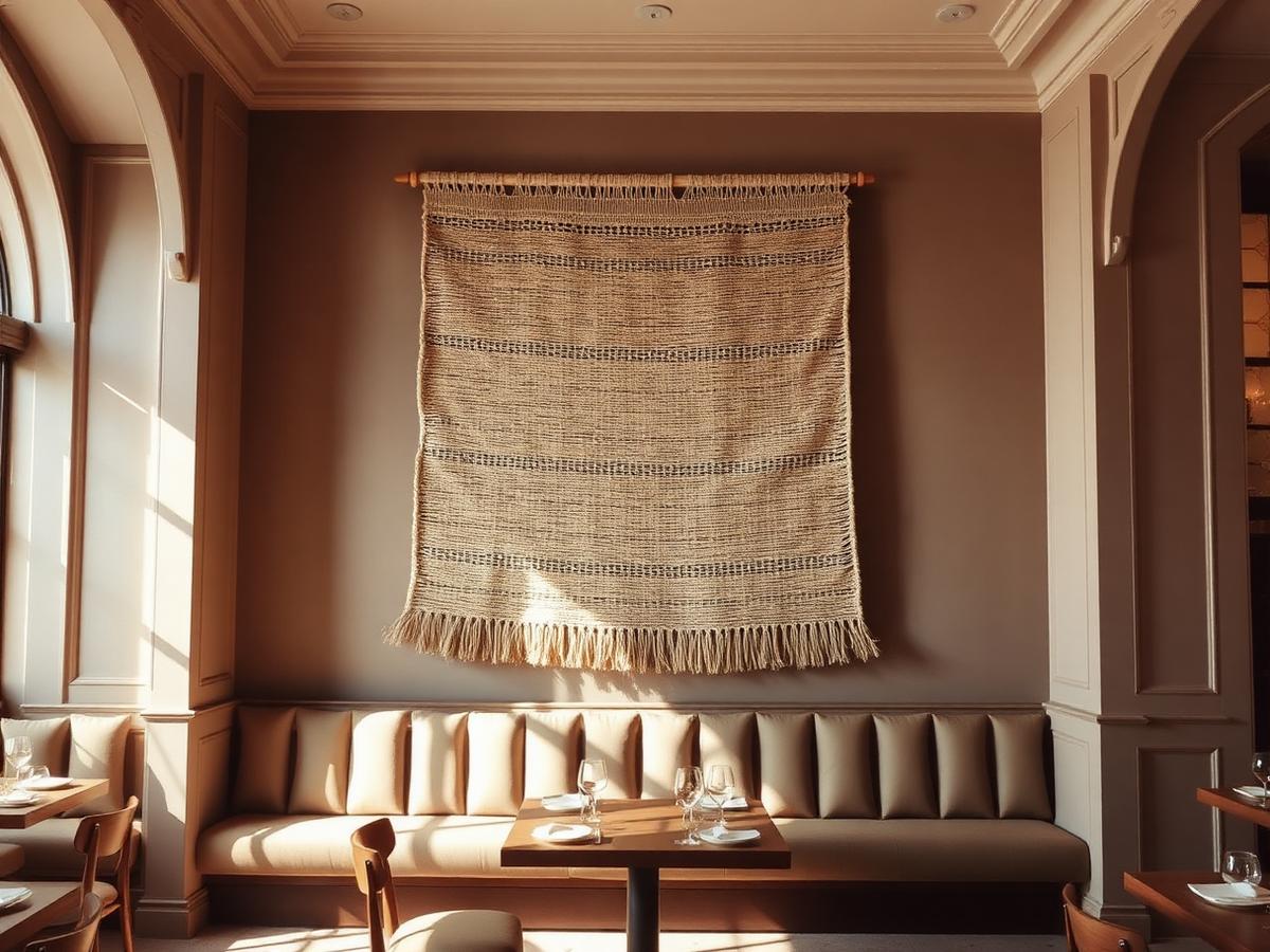 Woven fiber art hanging above restaurant banquette seating