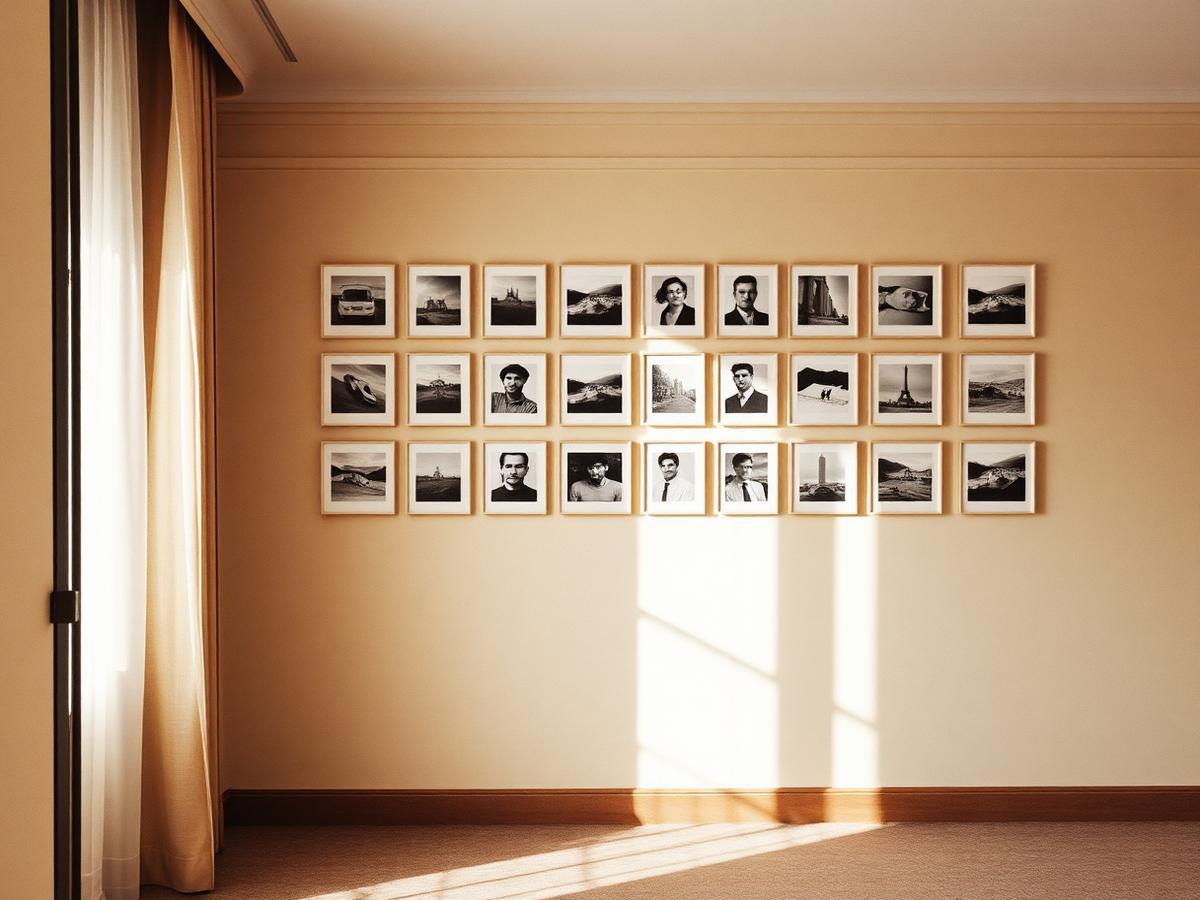 Grid of framed photographs along a hotel corridor