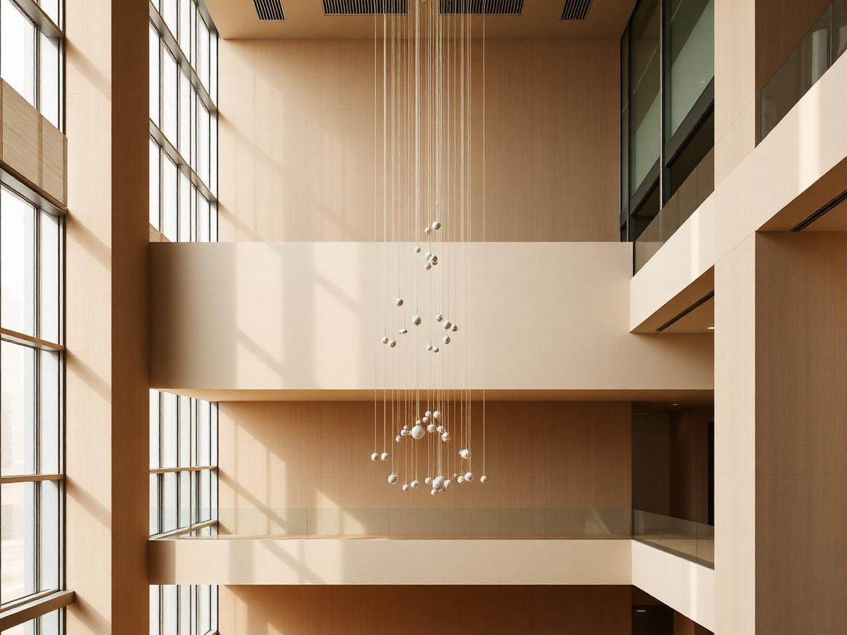 Suspended sculpture in a double-height lobby atrium