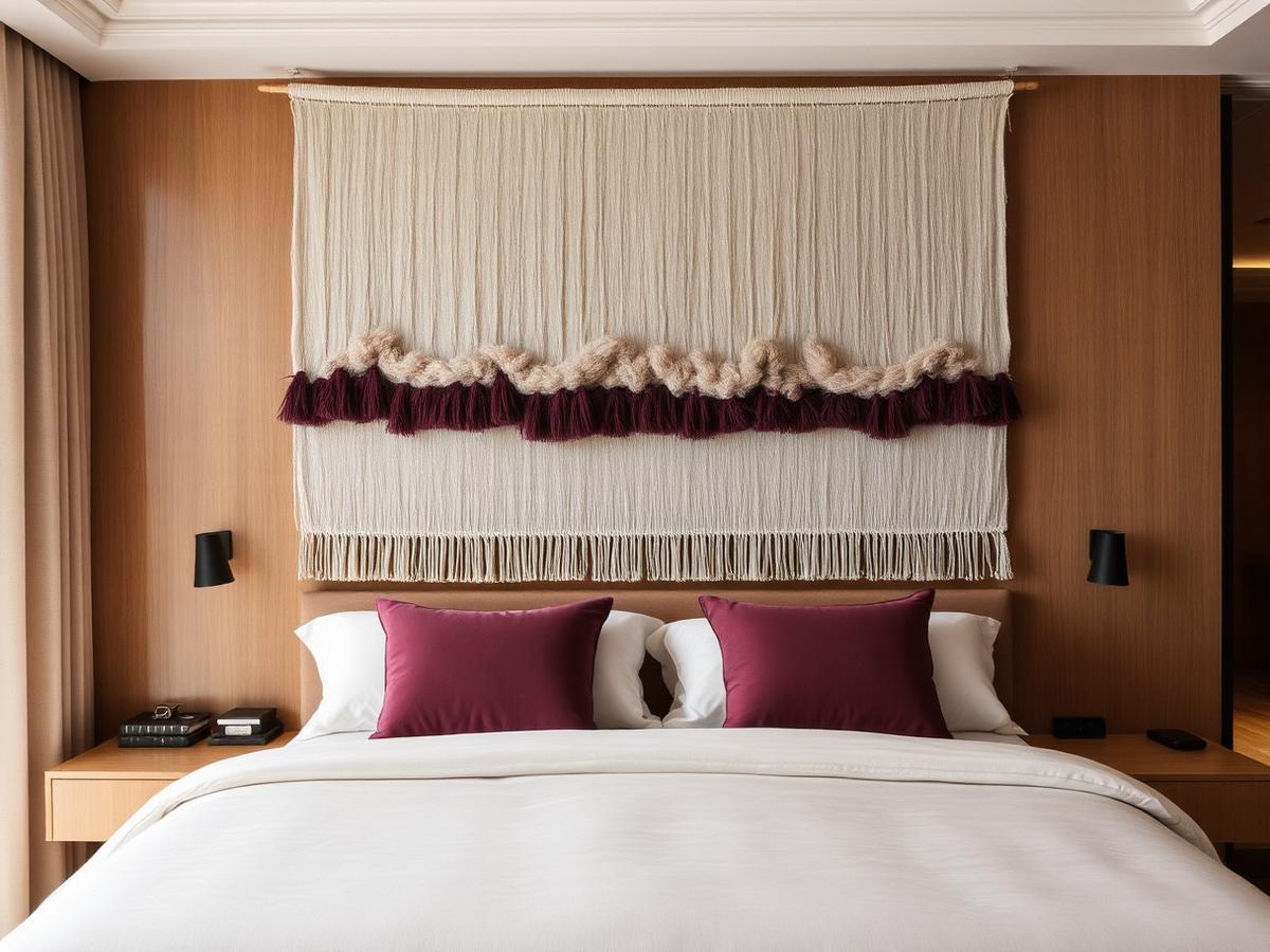 Fiber art wall hanging above a guest room bed