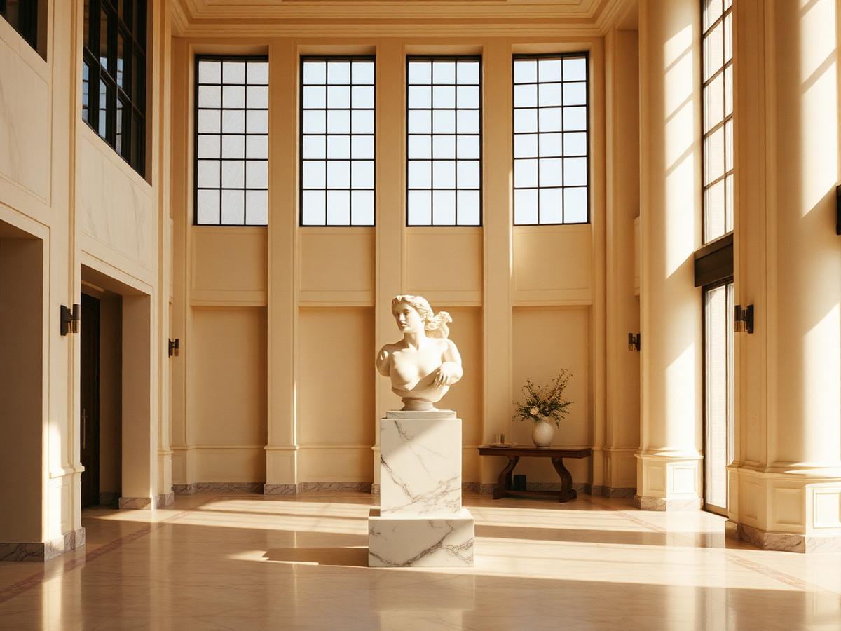 Marble sculpture on a pedestal in a grand lobby