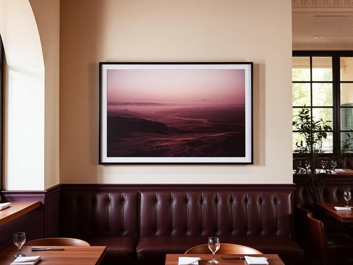 Large framed landscape photograph above restaurant banquettes
